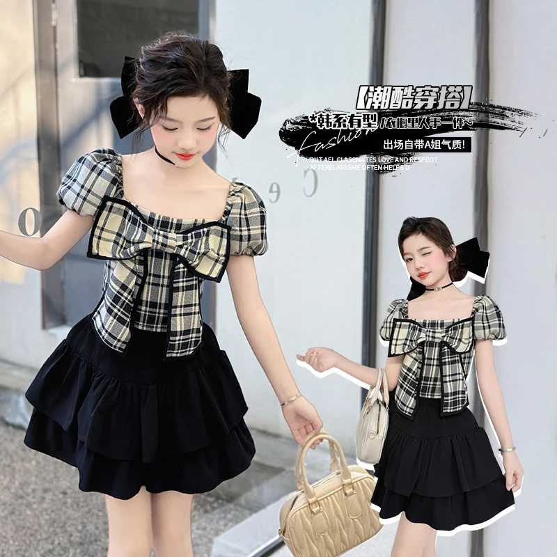 女童2025新款蝴蝶结格子衫蛋糕裙套装