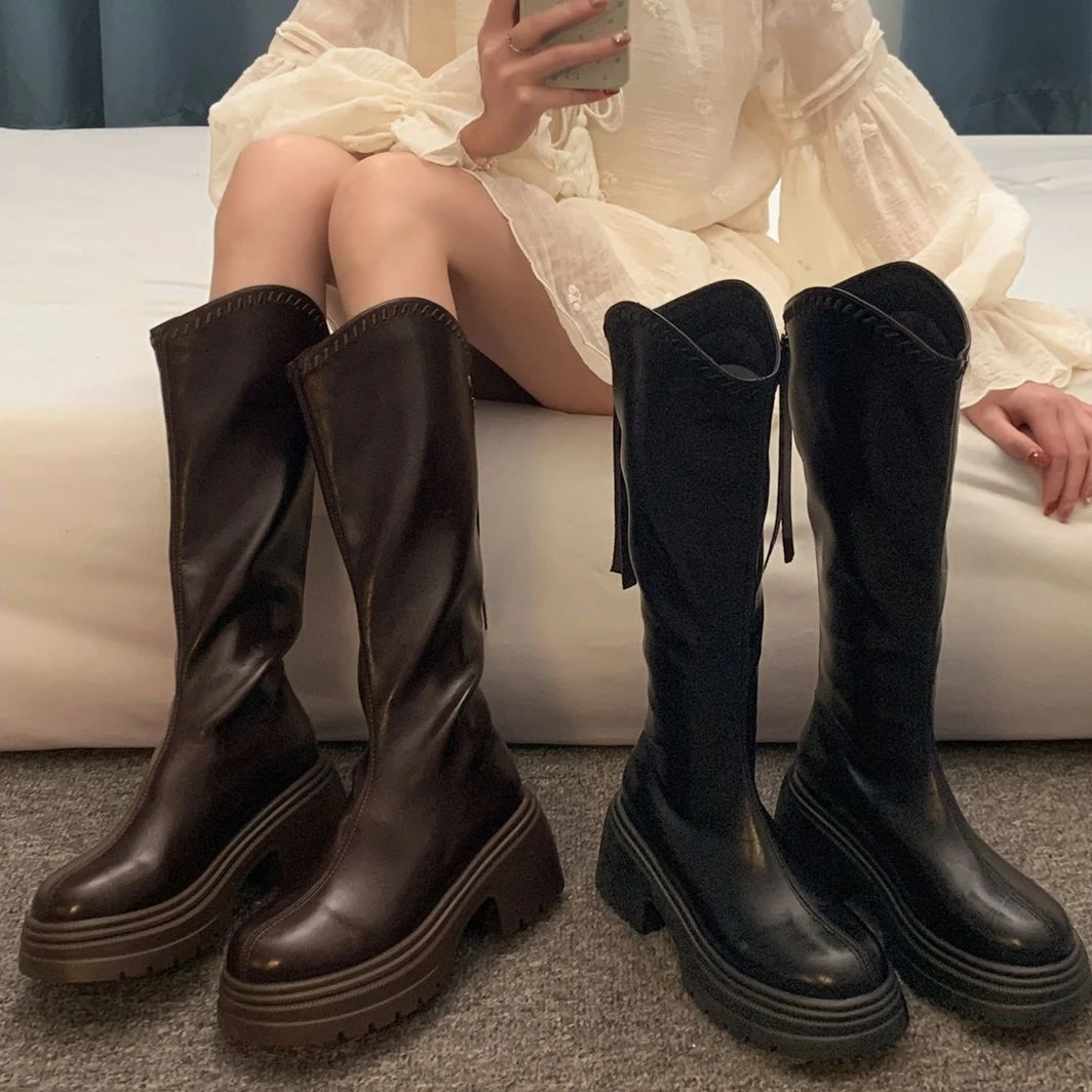 贾不假美拉德穿搭靴子女2025新款秋季时尚百搭长筒靴小个子配裙子