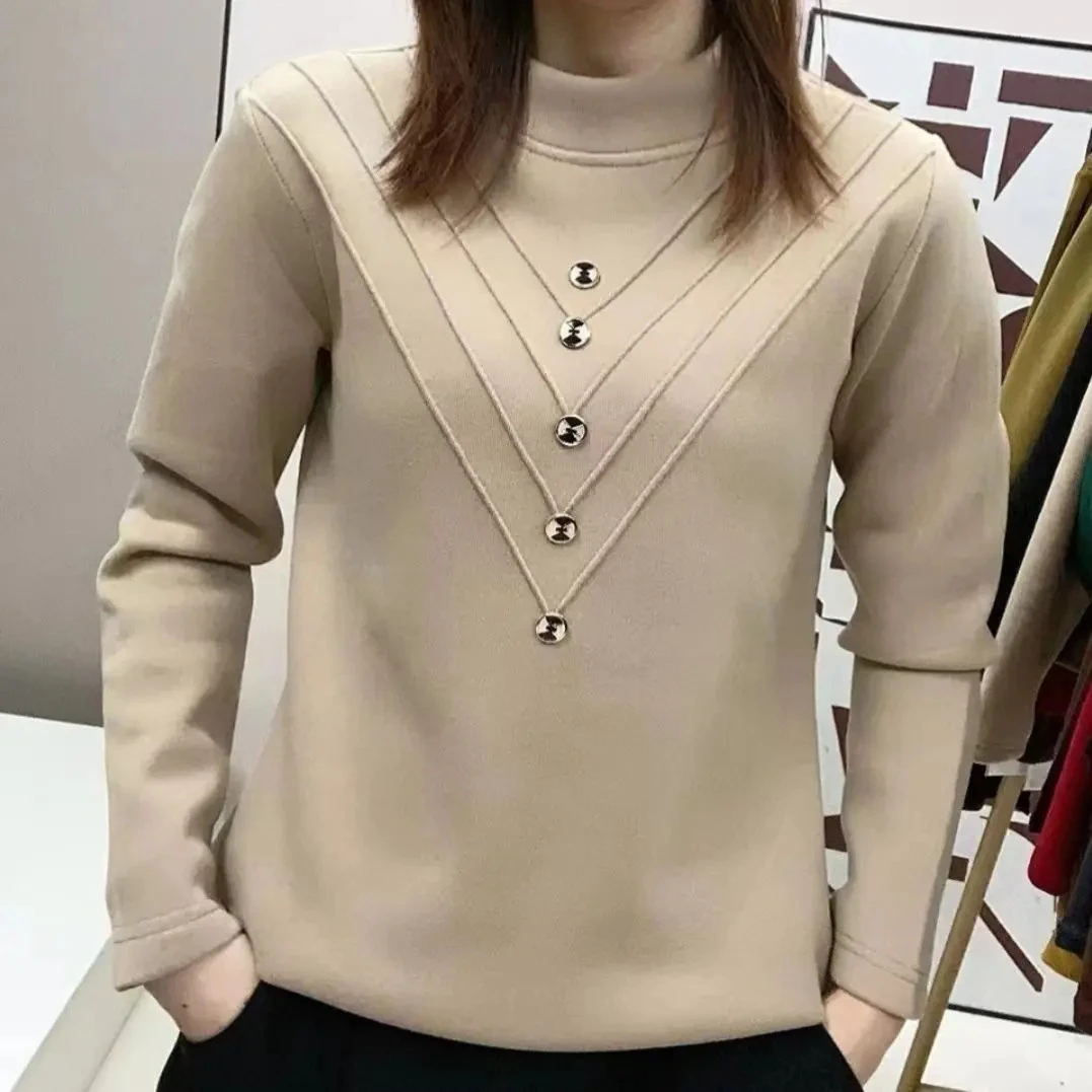 秋冬新款加绒加厚打底衫女一体绒保暖德绒半高领上衣洋气内搭小衫