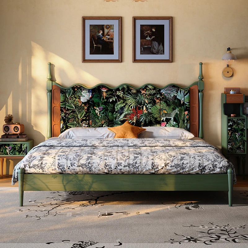 木子鱼 法式复古中古风实木主卧双人1.8m大床白蜡木布艺波浪