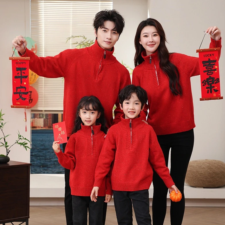 25年秋冬网红爆款翻领加厚彩点保暧超好一家短袖三口四口亲子装