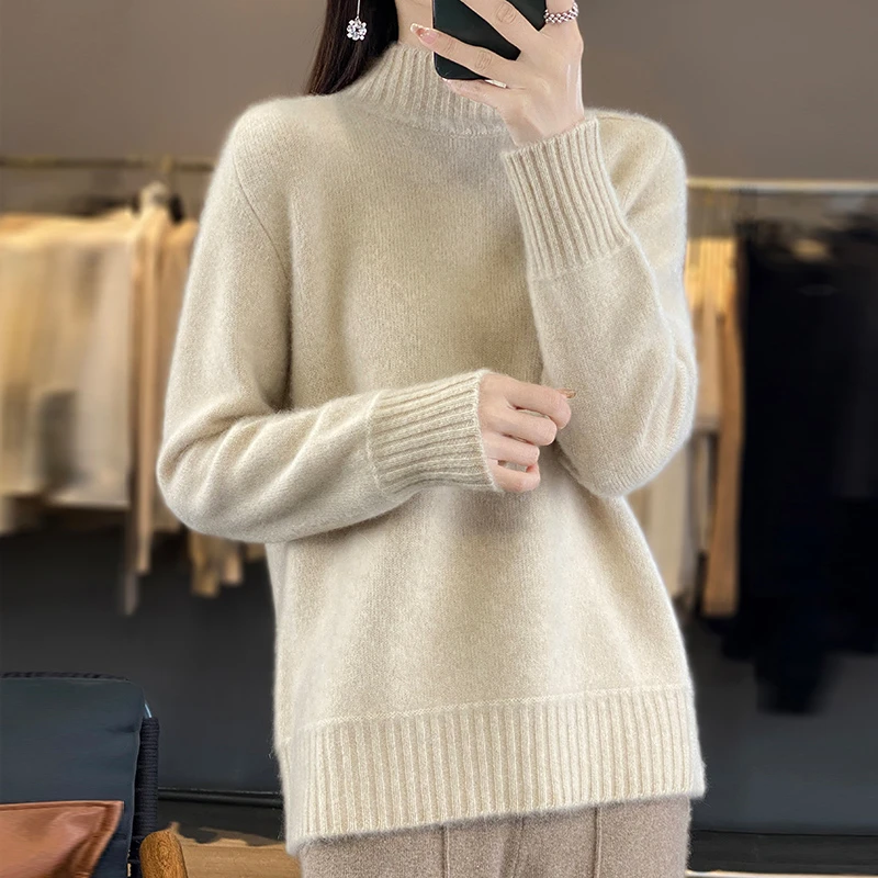 【双股加厚】100%羊毛衫半高领宽松冬季毛衣百搭女士羊毛衫韩版洋气