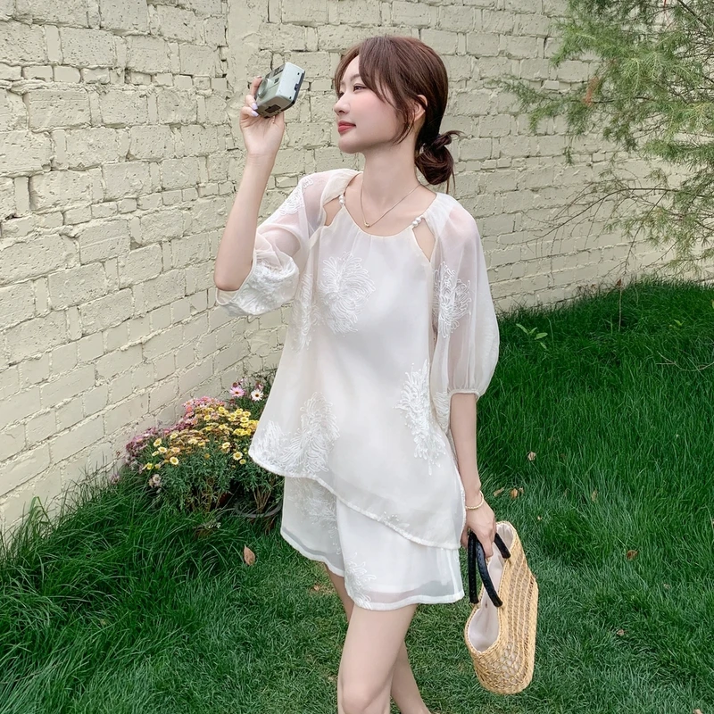 新中式国风刺绣套装裤女夏小个子甜美两件套独特漂亮显瘦爆款流行