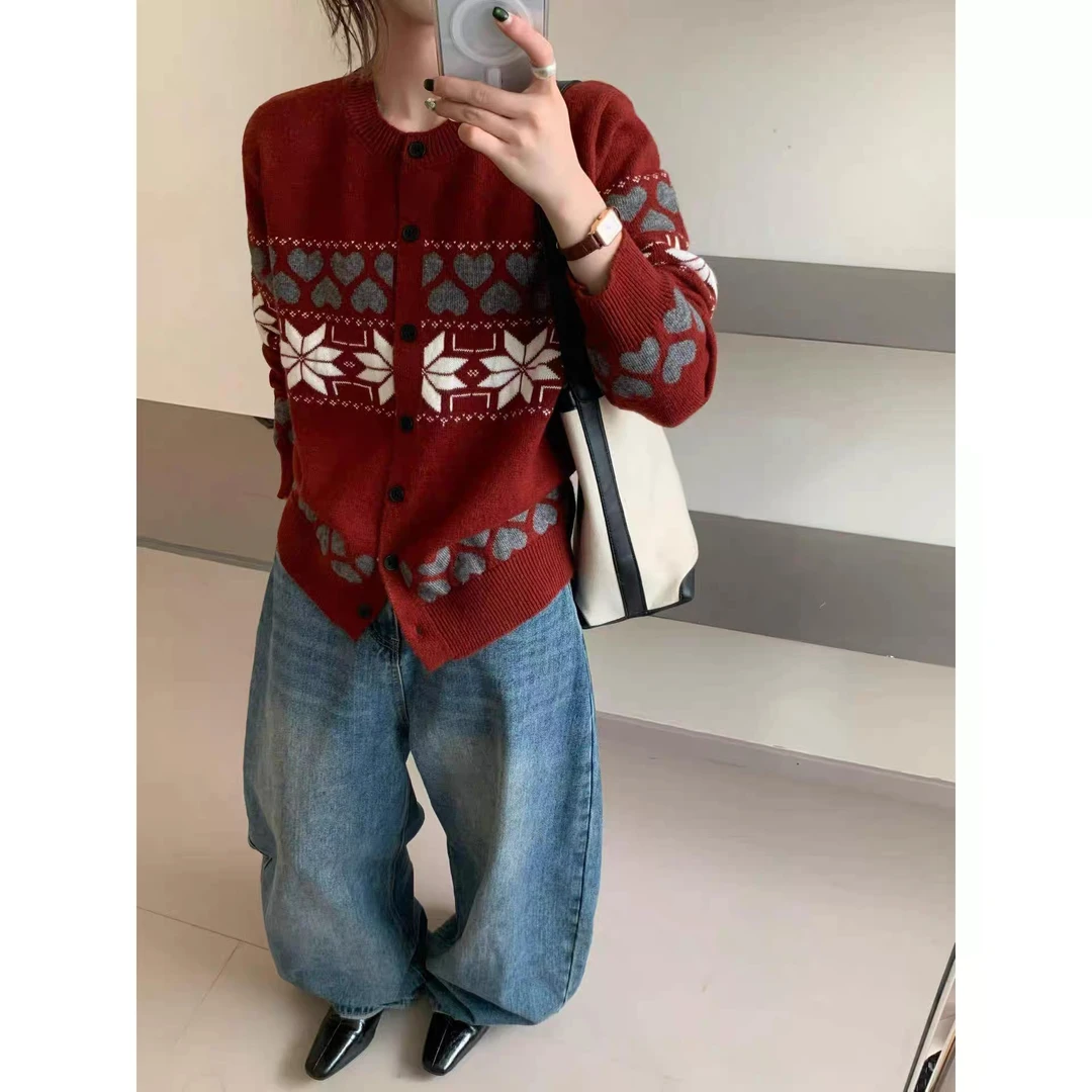 韩系极简风爱心提花长袖针织开衫女秋冬季百搭简约通勤软糯外套潮