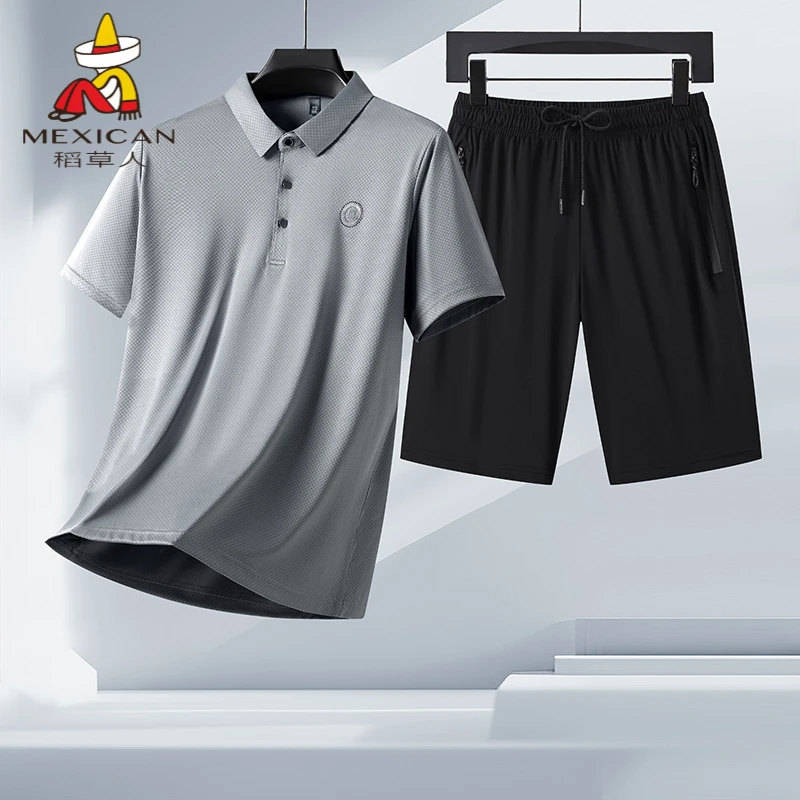 稻草人冰丝套装男款夏季短裤短袖Polo衫中年爸爸装商务休闲两件套