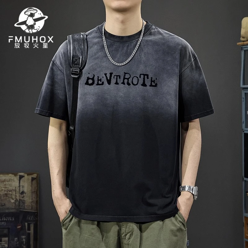 @放牧火星 美式潮牌水洗渐变男短袖t恤夏季新款宽松休闲纯棉体恤