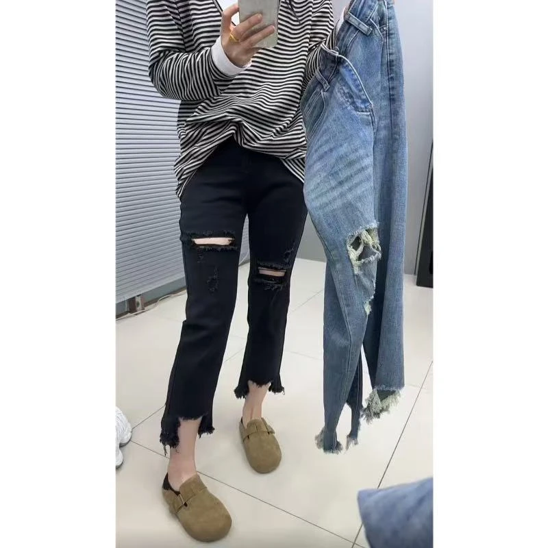 2025年春夏新款梨形身材黑色破洞牛仔裤女高腰弹力显瘦直筒烟管裤