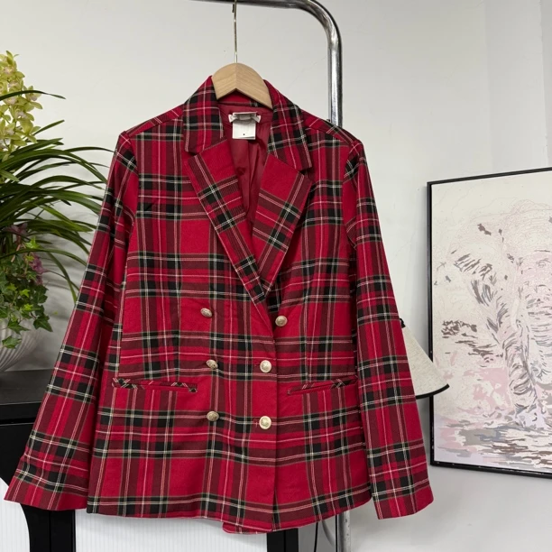 9959红色格子复古穿搭春秋百搭时尚休闲气质西装