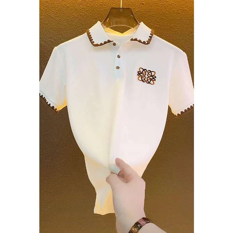 欧货轻奢高定大牌男装上衣2025夏季新款设计感刺绣白色短袖Polo衫