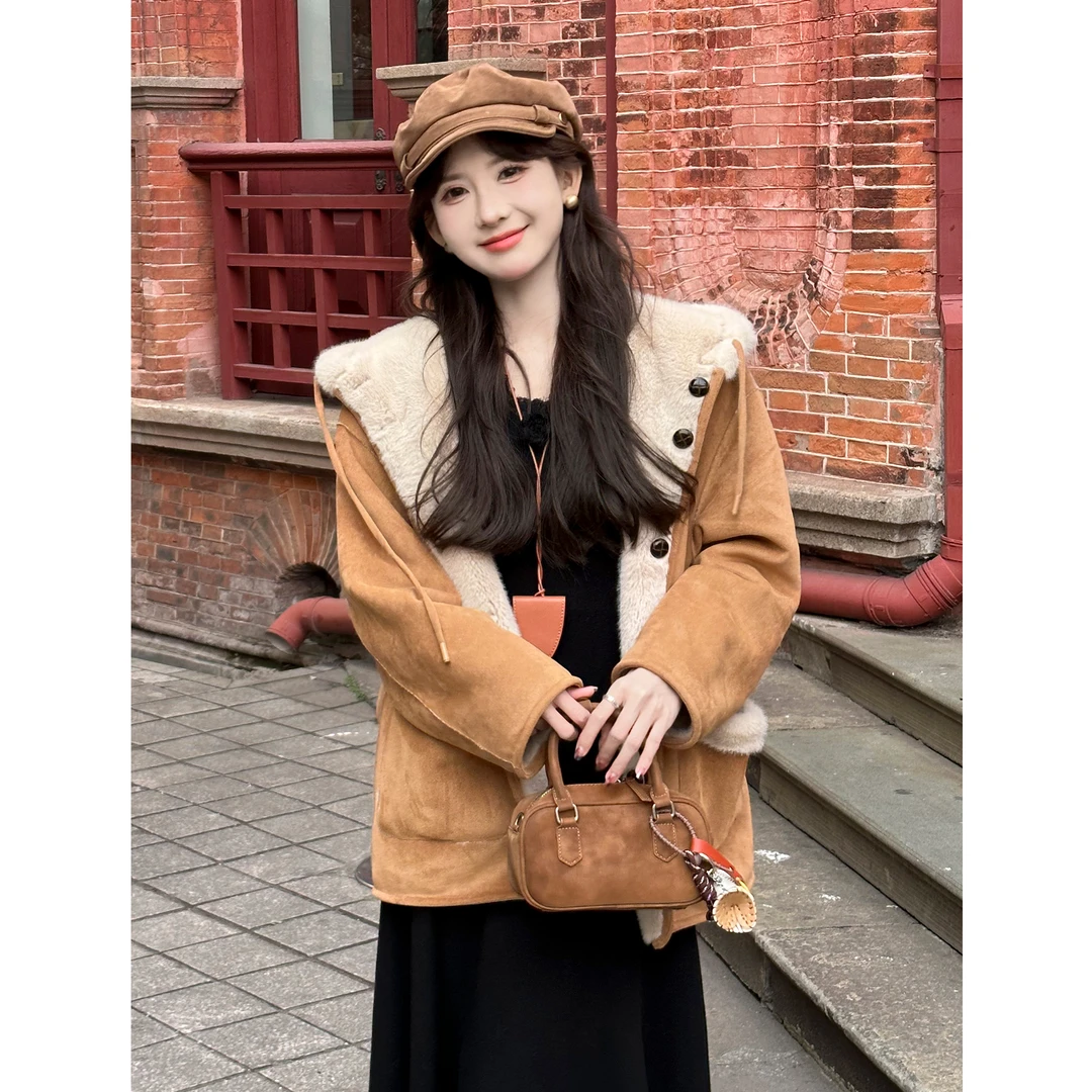 SE【栗子糕】短外套女冬季两面穿外套气质精致保暖连帽毛毛上衣