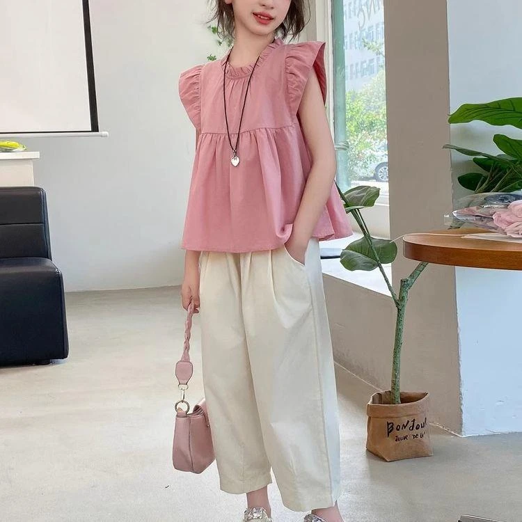 女童夏装套装2025新款儿童夏季宽松洋气娃娃衫中大童九分裤两件套