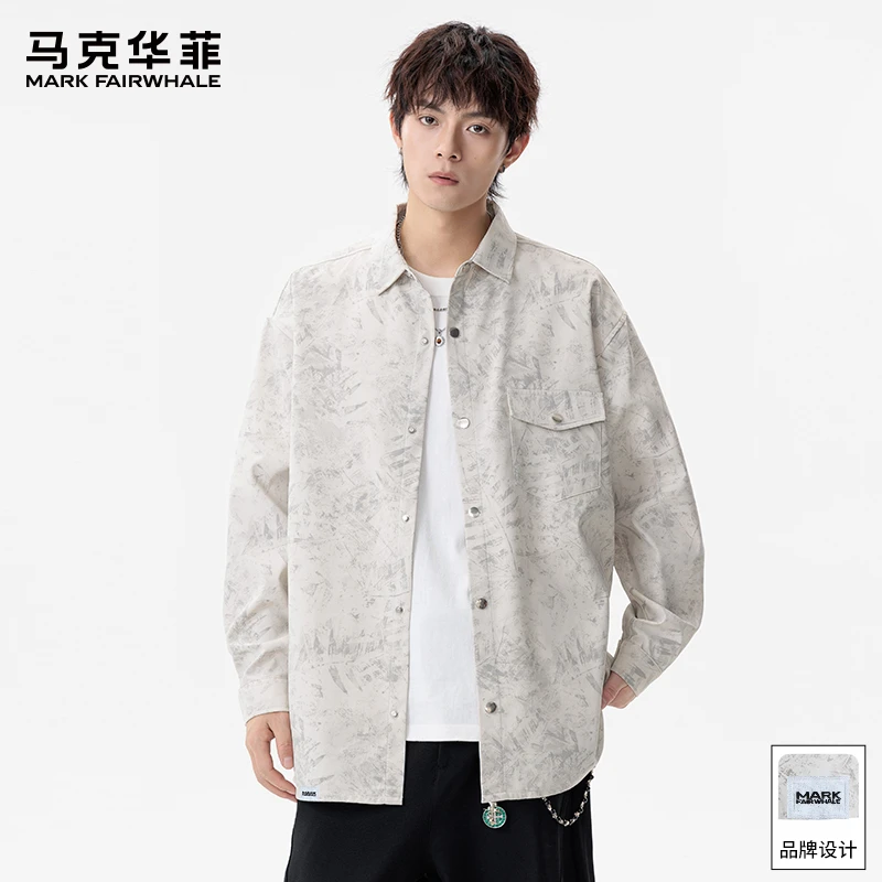 马克华菲美式扎染工装长袖衬衫男士秋季新款宽松百搭休闲上衣外套