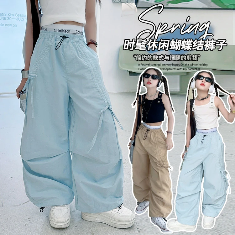 [麦哆哆」女童中大童夏季韩版潮酷个性休闲百搭速干阔腿工装裤