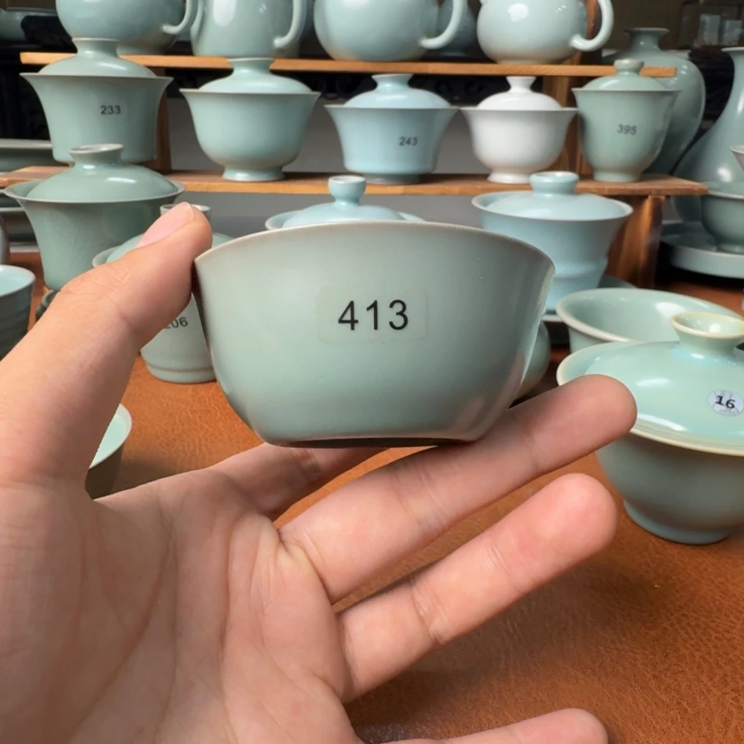 摆件陶413号微瑕仿古青绿超薄胎鸡缸杯不开片