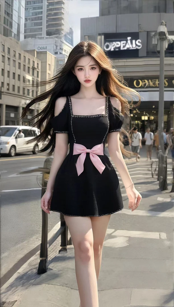 别致设计感黑色方领露肩短袖收腰连衣裙女时尚气质显瘦氛围感裙子