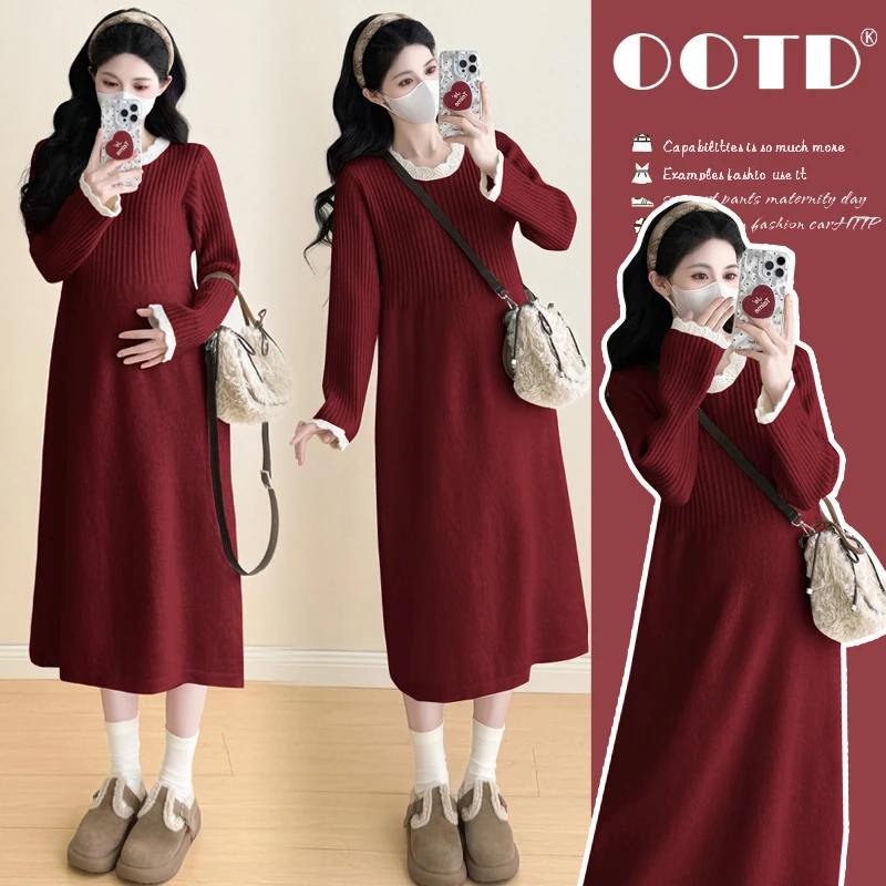 洋气孕妇装连衣裙秋冬针织时尚花边拼接中长款裙子宽松加厚打底裙