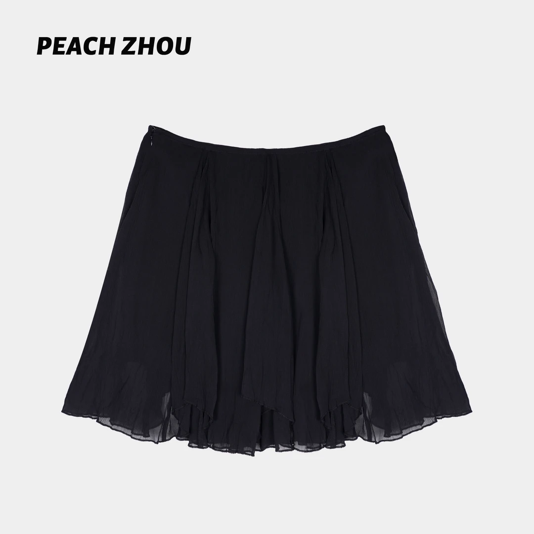 『PEACHZHOU』层次褶皱垂感宽松半身裙休闲甜美百搭纯色少女短裙女