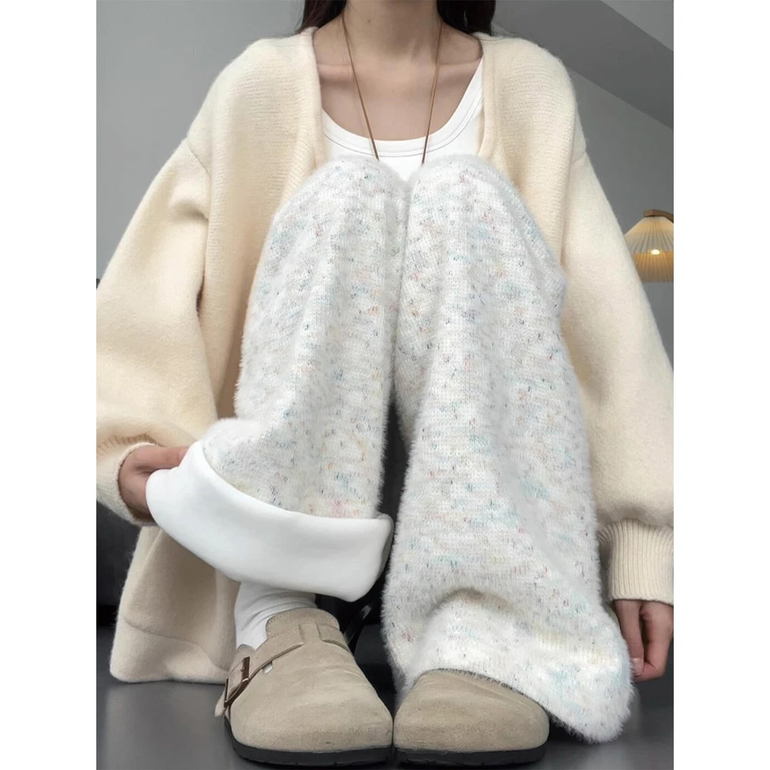 慵懒风彩虹点点糯米裤女秋冬2025新款高腰显瘦垂感加绒休闲阔腿裤