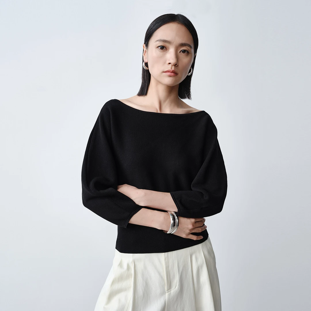 Dekashell/迪卡轩2025年秋季新款通勤风大圆领黑色长袖女士针织衫