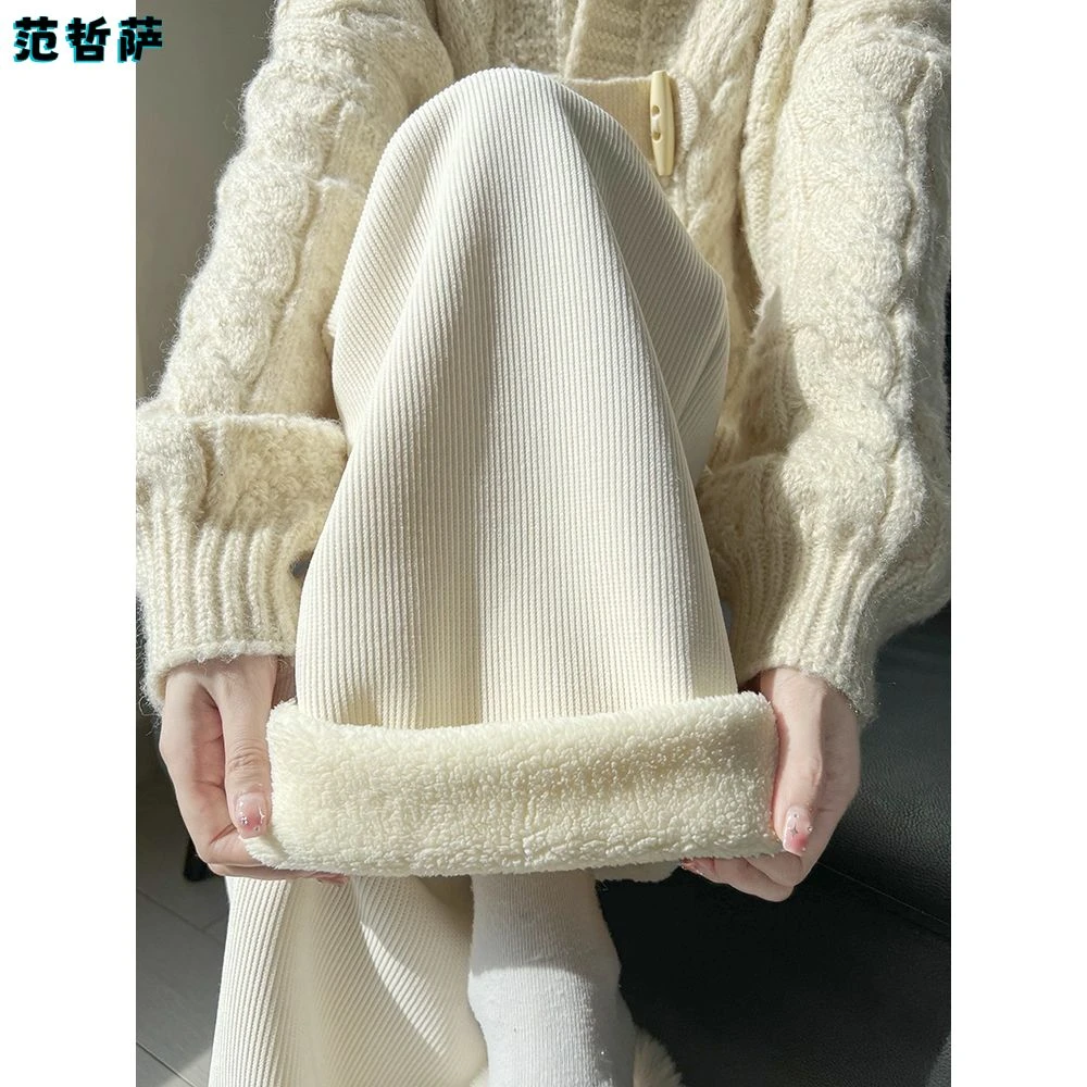 羊羔绒阔腿裤女2025新款高腰保暖棉裤秋冬季加绒加厚灯芯绒直筒裤