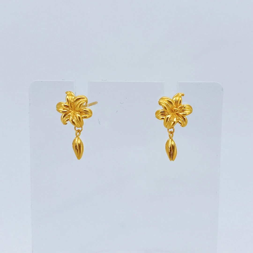 足金999黄金百合花金耳钉3.21*-