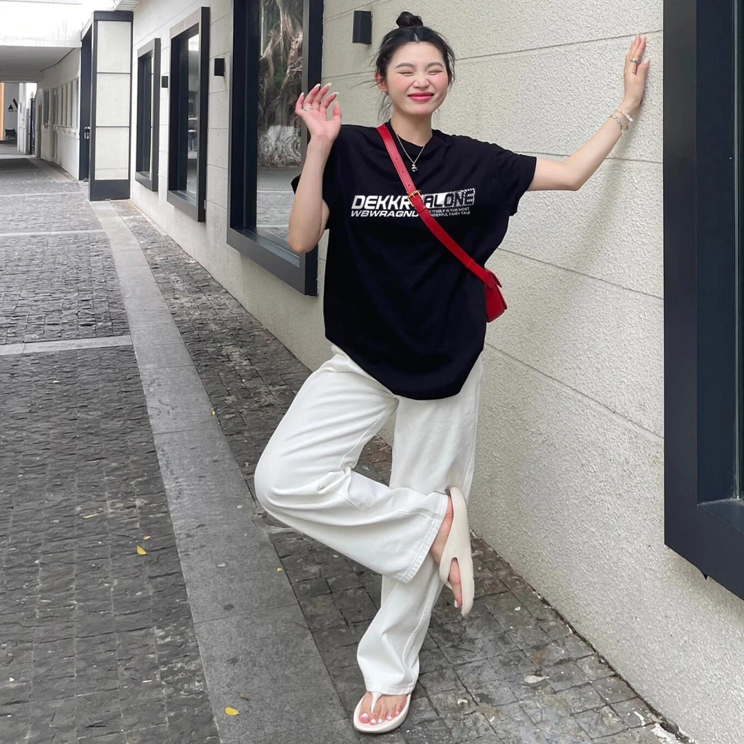 Labzaa潮牌春款打底内搭上衣设计感简约字母印花纯棉短袖T恤女