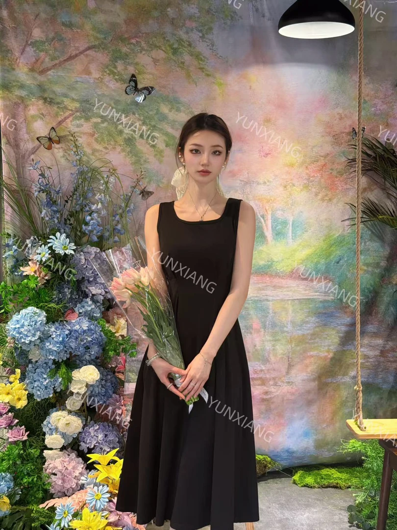 2025夏季法式赫本风连衣裙圆领有设计感长短款裙