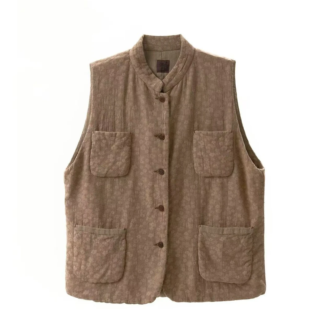 左岸迷香 Z25FW6008 布衣分享棉麻短马甲原创小众秋冬【夹棉马甲】