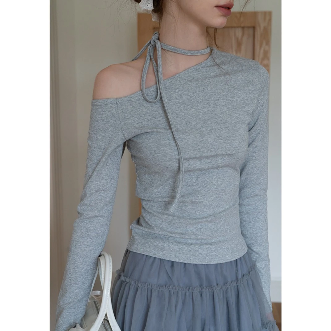 EGGKA 斜肩挂脖系带修身短款T恤女春显瘦气质简约上衣 E25A3571AF