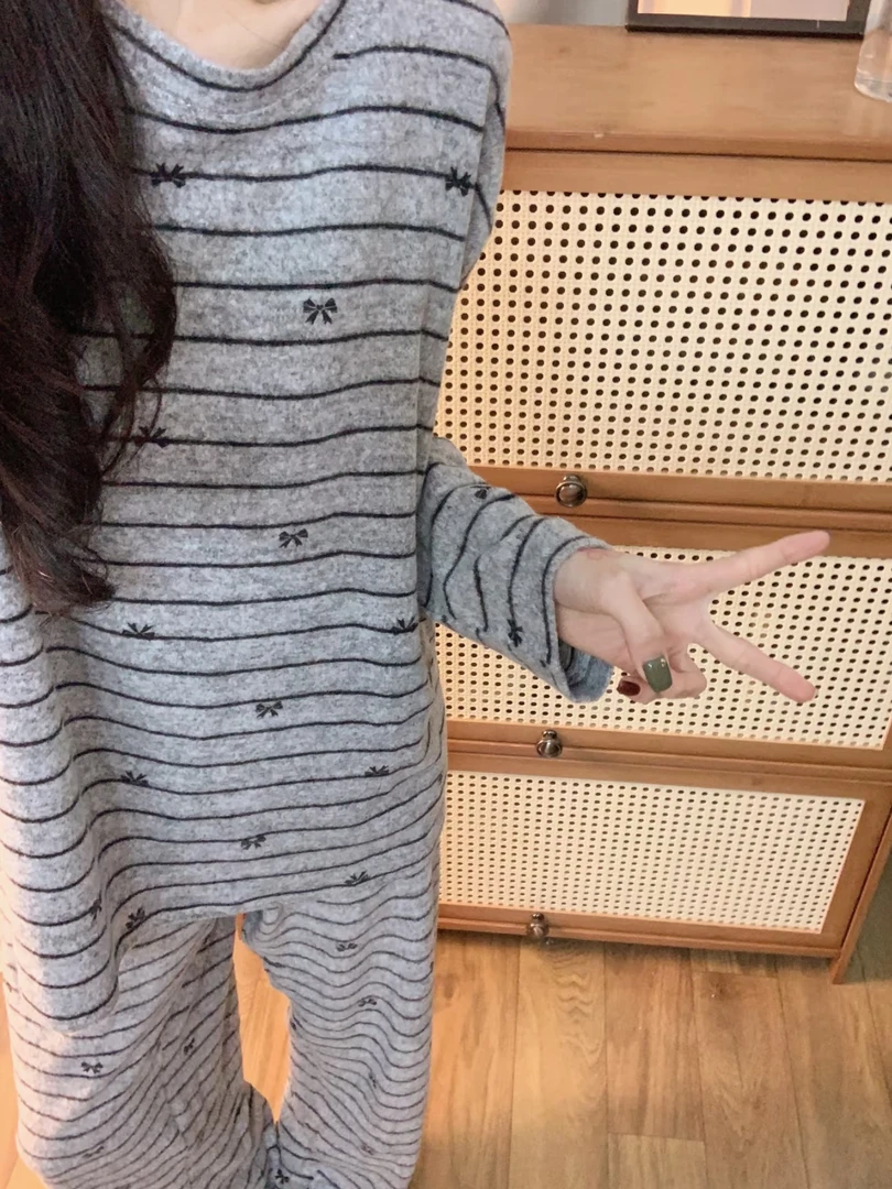 睡衣女夏季薄款韩版简约条纹蝴蝶结舒适宽松春秋家居服套装ins