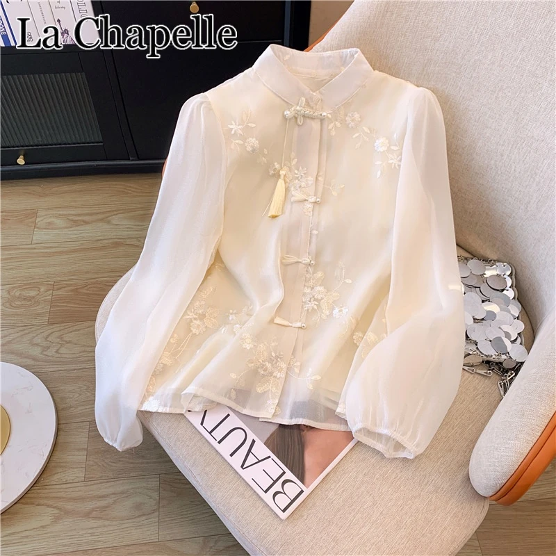 拉夏贝尔2025春夏新款时尚缕空长袖雪纺衫女复古盘扣国风刺绣上衣