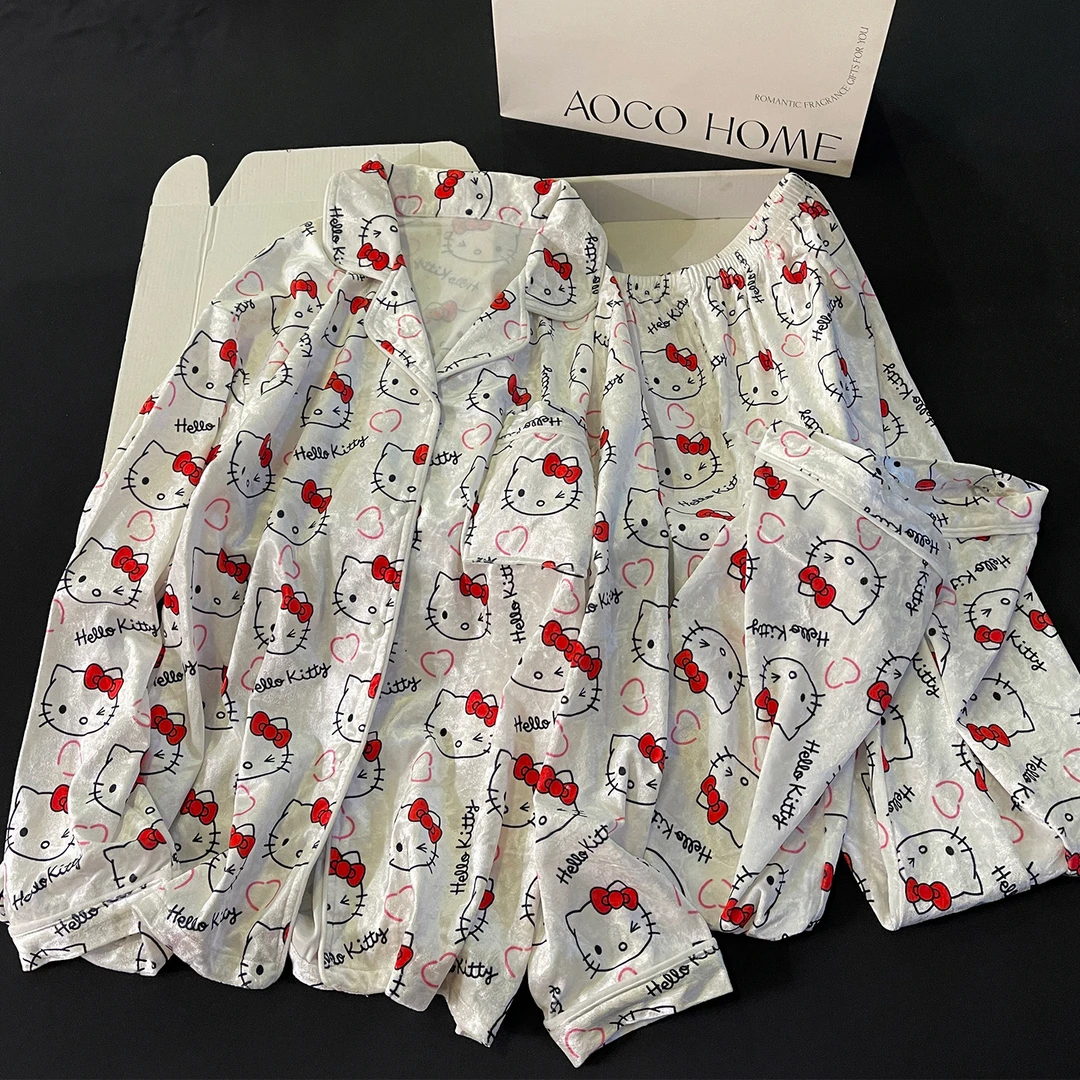 卡通可爱KT猫睡衣女秋冬季金丝绒高级感长袖开衫保暖家居服两件套