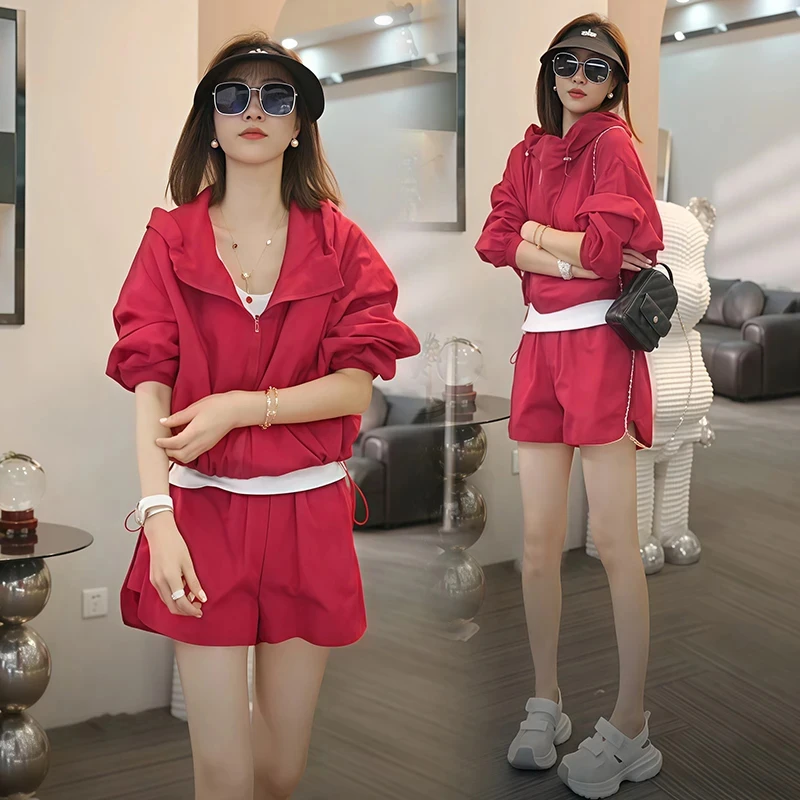 复古红色休闲运动套装女2025夏季新款宽松百搭短裤+防晒连帽上衣