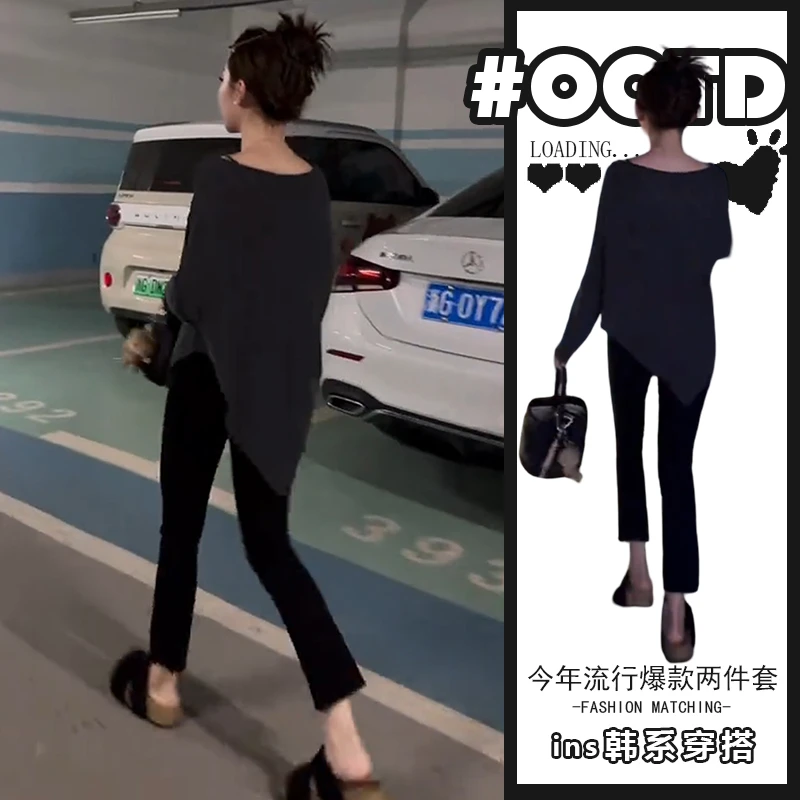 慵懒风气质不规则长袖上衣黑色修身显瘦裤子女赫本风独特两件套潮