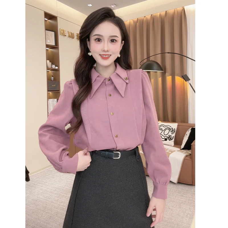 【大易粉丝专属】23335法式粉紫色POLO领衬衫女秋气质百搭复古上衣