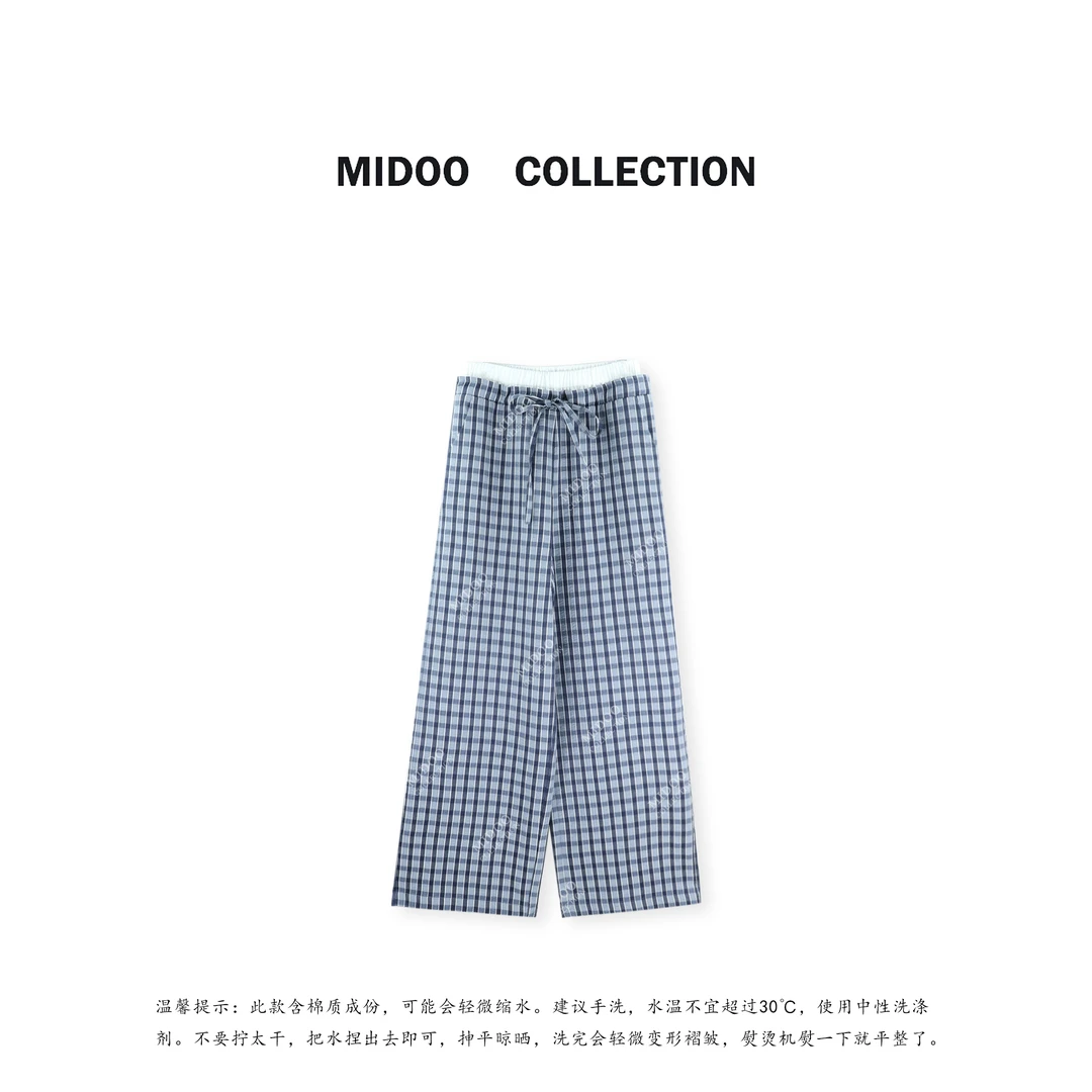 MIDOO ‘棋格物语’假两件双腰设计薄款直筒格子裤