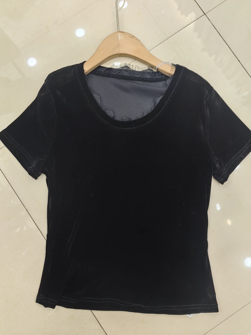 静静推荐蕾丝短袖纯色正肩网纱植绒水洗T恤黑色舒适t恤少女风6911