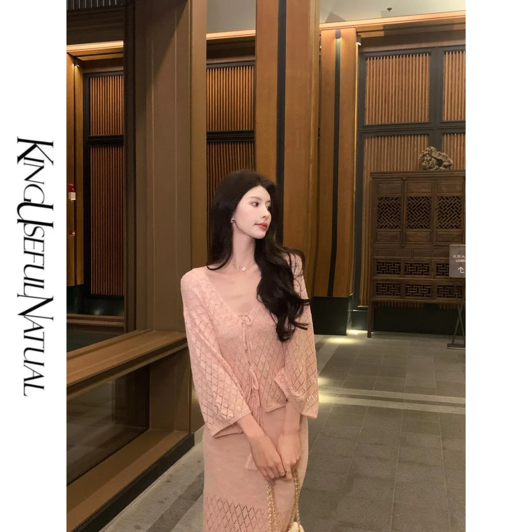 KUN【初恋秀智】假日蜜桃粉 菱形格纹舒适好看拼接绣珠片三件套装