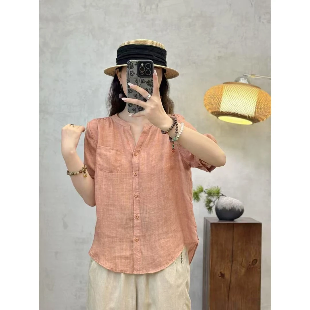 100苎麻春夏季短袖衬衫女复古文艺V领五分袖小衫宽松百搭薄款衬衣