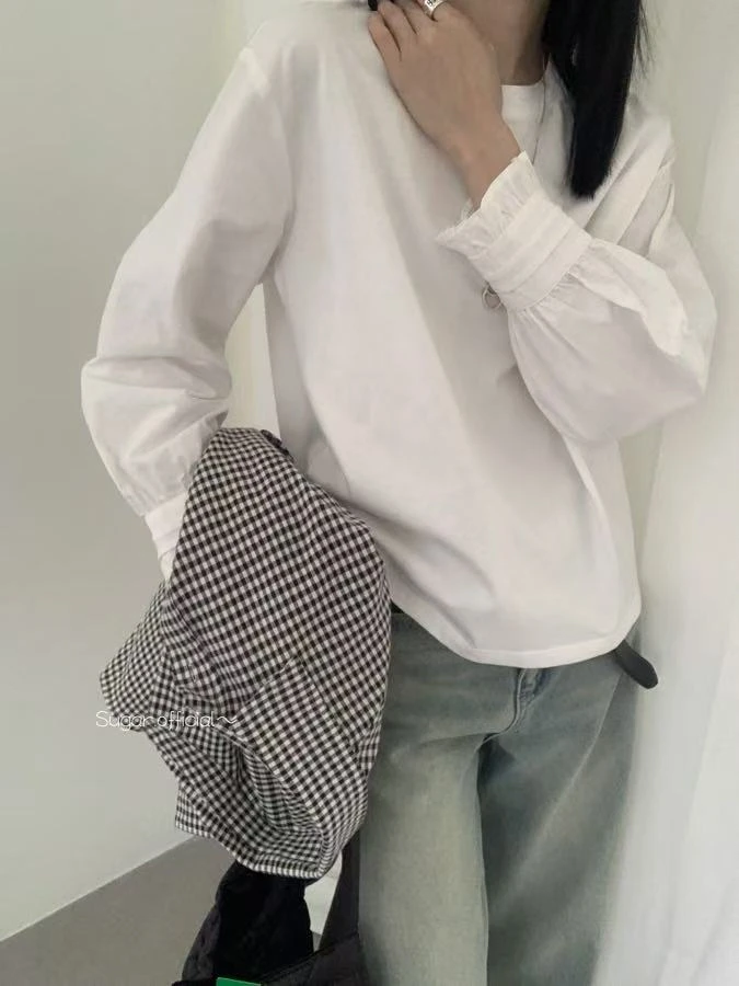 「金小姐」衬衫袖口花边百搭白T恤