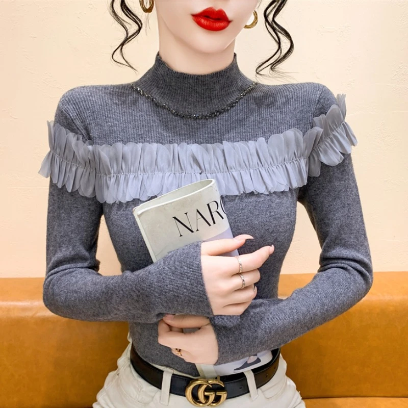 实拍钉钻半高领蕾丝拼接针织毛衣2025年秋冬新款长袖女显瘦打底衫