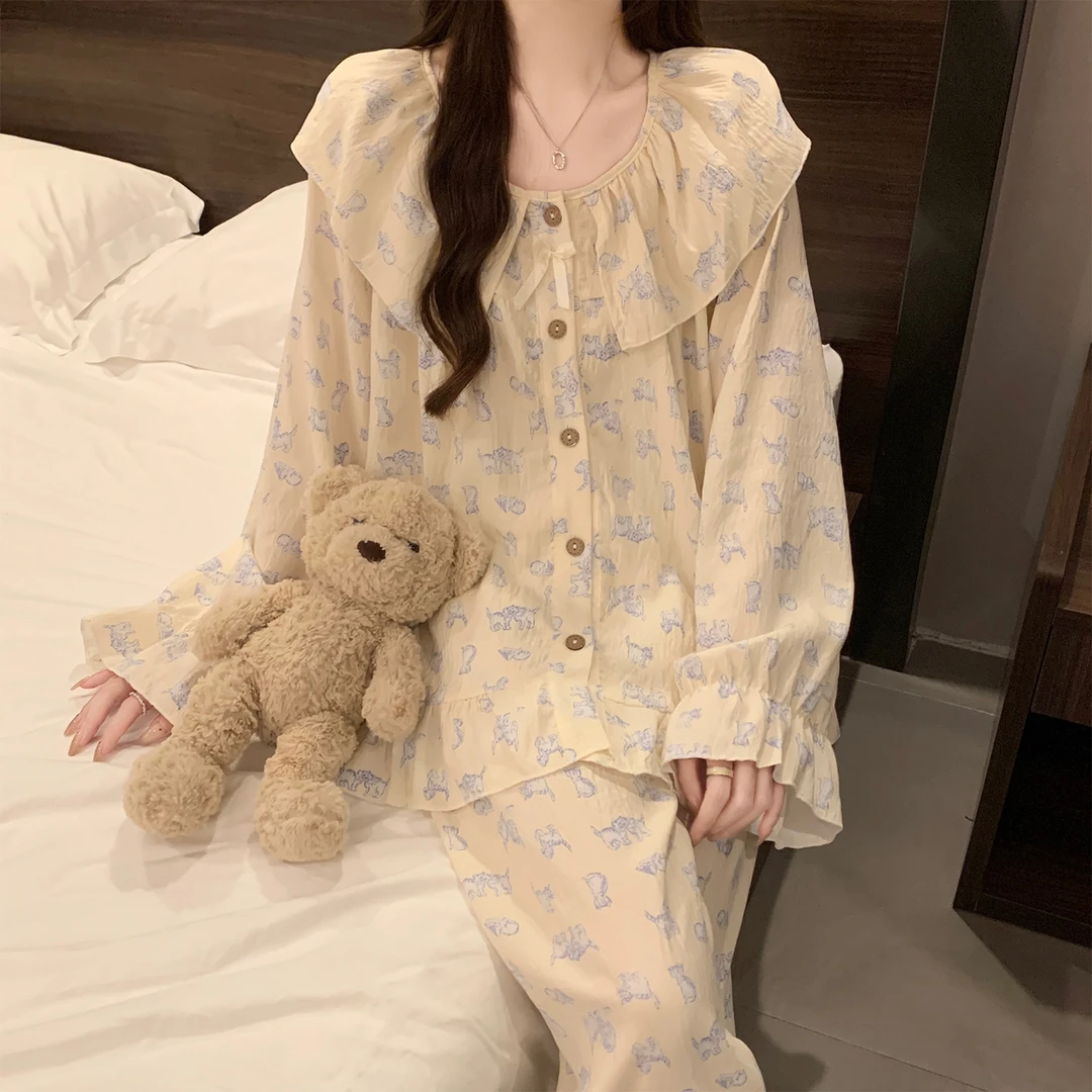 睡衣女春秋季云朵棉长袖大码2025新款公主风猫咪套装可外穿家居服