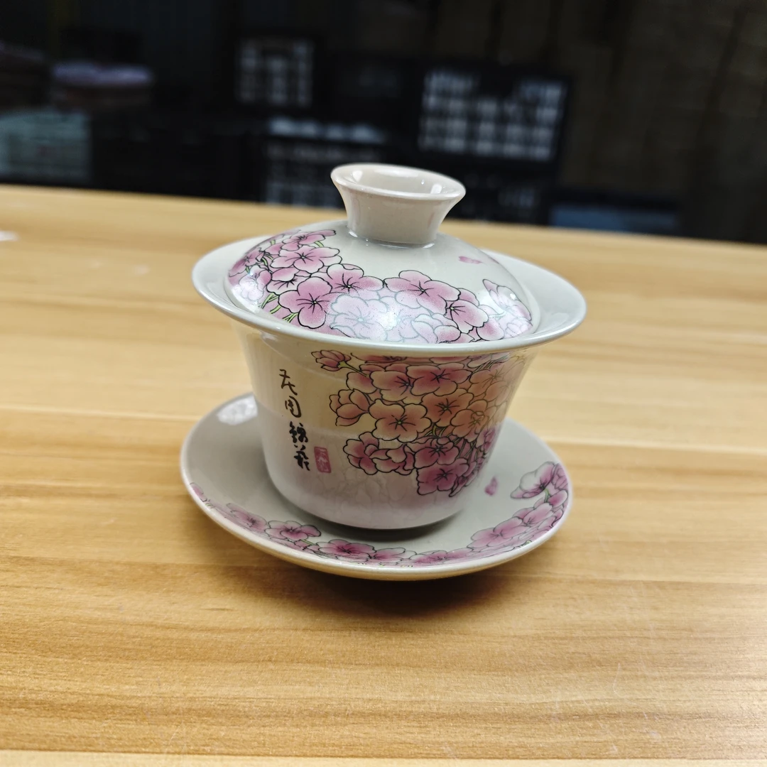 【闪购商品】花团锦簇麦芽黄悬停三才盖碗DAM00441