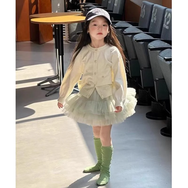 YeeHoO英氏 【断码】女童春季套装2025新款洋气针织开衫网纱半身