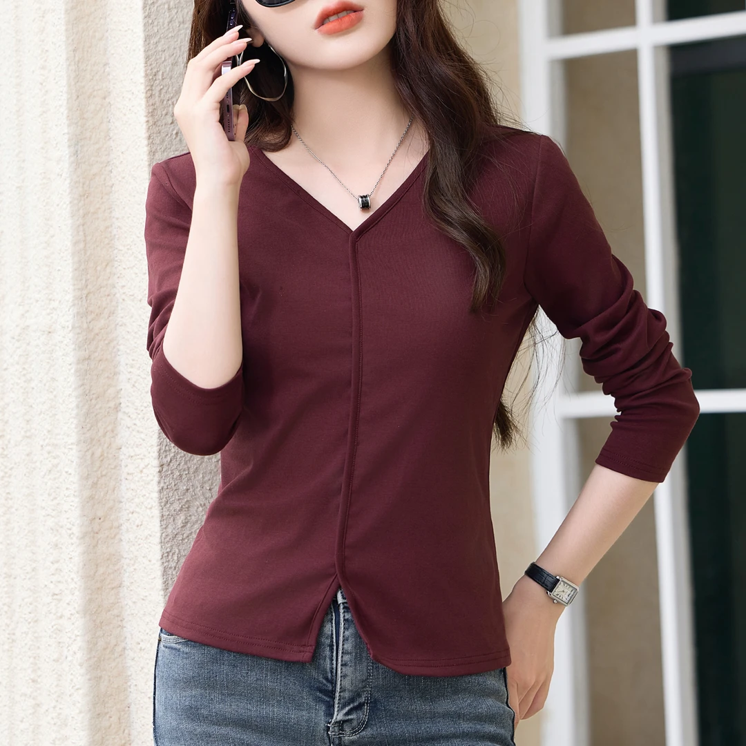 V领纯色拼接长袖收腰2025秋季新款套头气质纯棉鸡心领打底T恤女士