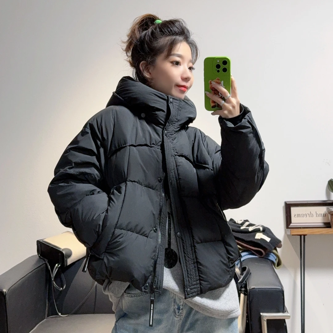 2025新款超洋气纯色常规衣长加厚立领连帽外套女棉服宽松显瘦保暖