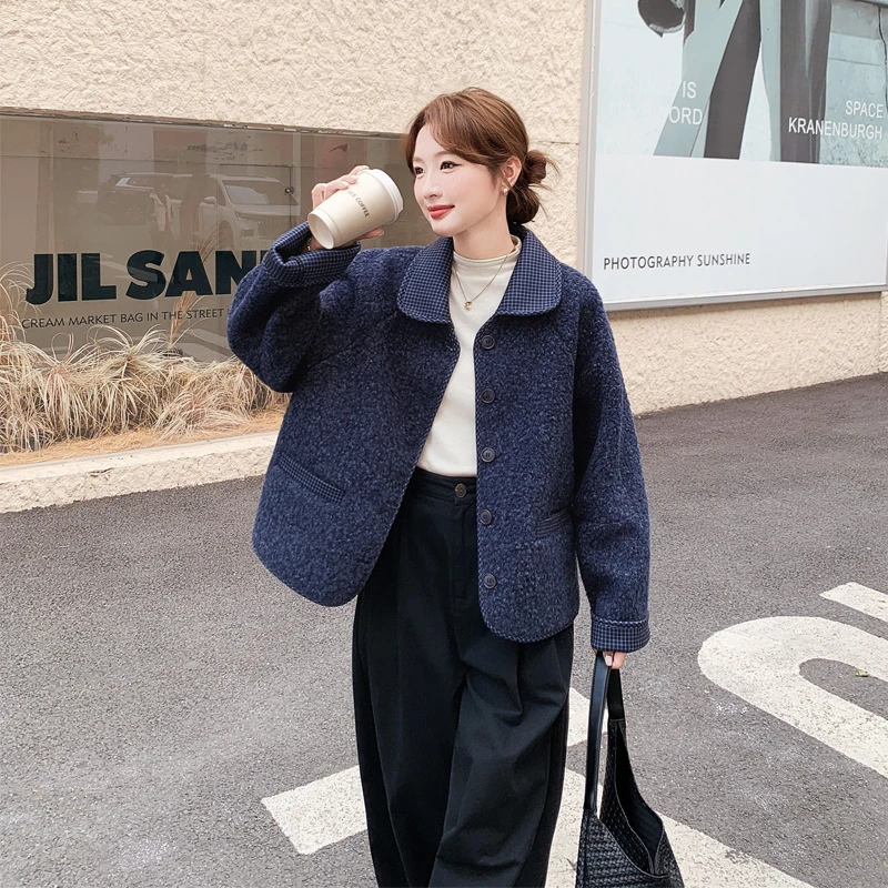 复古格子拼接羊羔毛外套2025冬季新款氛围感小众韩系ins短款开衫
