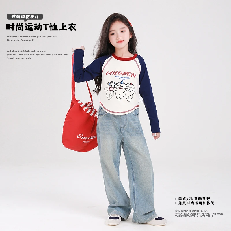 82124M女童打底衫长袖T恤洋气上衣2025新款可爱拼接卡通衣服裤子