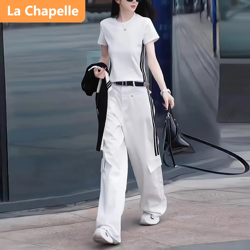 拉夏贝尔又a又飒时髦休闲时尚套装女简约潮流短袖白色T恤两件套