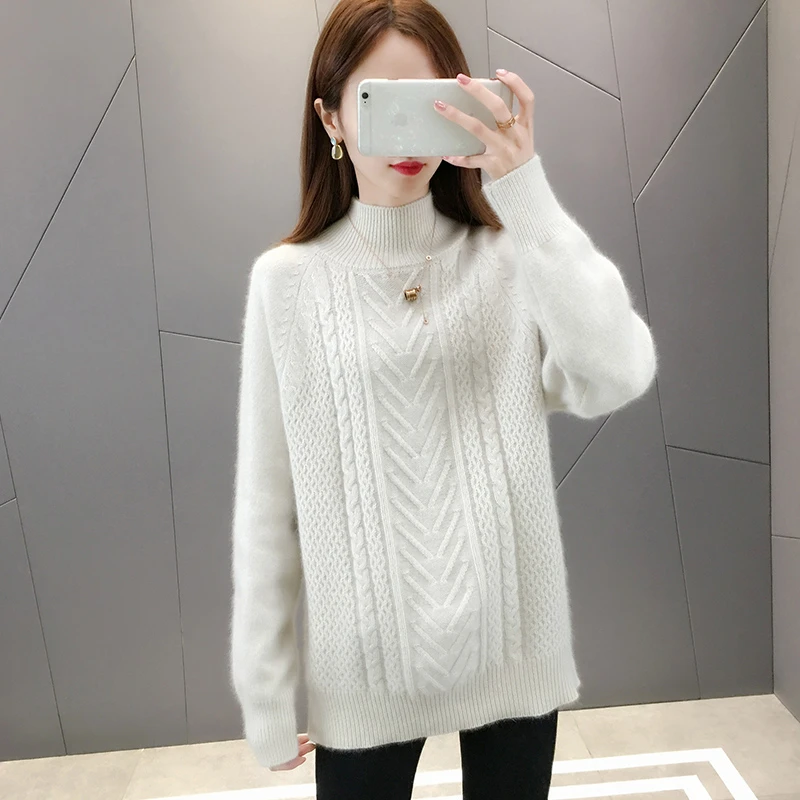 2174【半高领V提花毛衣】秋冬女士大小麻花百搭韩版针织衫加厚